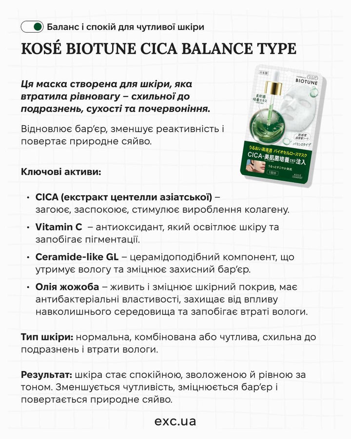 Маски Kose Biotune Cellulose Face Mask CICA Balance Type- EXC.UA 
